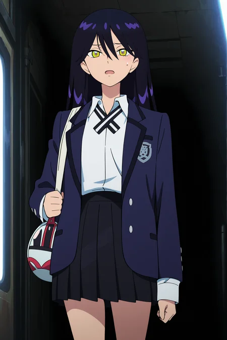 volumetric lighting, official style, amazing quality, ultra detailed, highres, detailed background, anime screenshot, anime screencap, anime coloring, masterpiece, detailed face,1girl   <lora:Nyann___:0.9>Nyann, long hair, bag, open mouth, multicolored eyes, solo, shirt, shoulder bag, jacket, dark purple hair, skirt, school uniform, collared shirt, multicolored eyes, white shirt, holding, hair between eyes, long sleeves, looking at viewer, sweatdrop, pleated skirt, black skirt, bangs