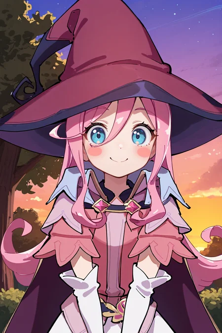 masterpiece, very aesthetic, absurdres, best quality, amazing quality, high resolution, <lora:illustrious_quality_modifiers_masterpieces_v1:0.8> , <lora:ChamIllustriousBackgroundEnhancer:0.5>, solo, <lora:PamelaIL:0.9> , pamdef, 1girl, pink hair, long hair, blue eyes, witch hat, (witch outfit), white skirt, white elbow gloves, cape, blush stickers, smile, looking at viewer, evening, trees, ((portrait)), straight-on
