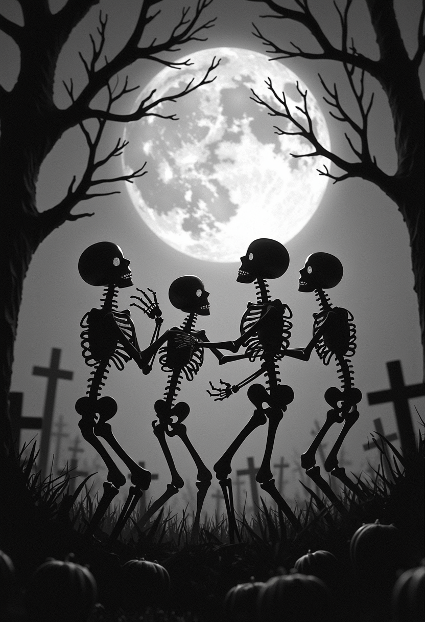 black and white vintage cartoon style, skeletal figures dancing in a moonlit graveyard, 1920s Halloween aesthetic, silhouetted skeletons with exaggerated movements, haunting yet playful animation, vintage illustration texture, stark contrasting shadows, skeletal characters with comical proportions, dark surreal background, etched line art style, early animation frame, monochromatic grayscale palette, expressive bone characters doing synchronized dance movements, eerie moonlight, vintage film grain effect, macabre yet whimsical illustration, Disney Silly Symphony inspired artistic rendering, skeletal figures casting long shadows, early 20th-century animation aesthetic