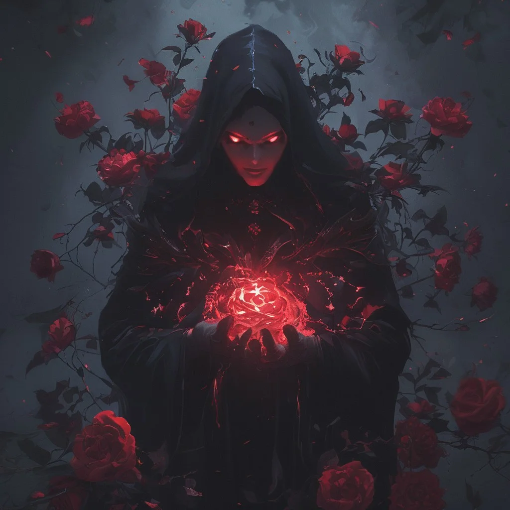 A cinematic shot of a evil demon witch casting magic, wearing black magical robe, casting red magic spells, surrounded by roses, dark atmosphere, hkhorror, hkmagic, masterpiece, best quality, highly detailed, sharp focus, dynamic lighting
