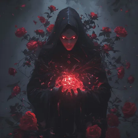 A cinematic shot of a evil demon witch casting magic, wearing black magical robe, casting red magic spells, surrounded by roses, dark atmosphere, hkhorror, hkmagic, masterpiece, best quality, highly detailed, sharp focus, dynamic lighting