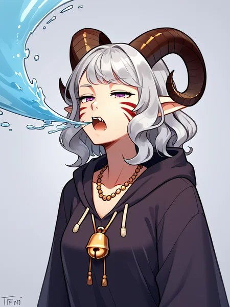 <lora:breath_weapon:0.8> breath_weapon:1.5, breath in mouth, (water blue breath) :1.4, head down, breath_down , from below ,fang, cowboy shot, dust,
solo,<lora:whisker_markings:0.8>red whisker_markings,
source_furry, score_7_up, rating_safe, gold necklace, tiefing, short pointed ears, brown horns, (a pair of brown sheep Horns that begin at her temples and curve back: 1.5), bangs, long silver hair long wavy hair, pale skin, short pointy ears, purple eyes, <lora:age_slider_v4:0.6> medium breasts, skinny female, silver hair, <lora:Tieflingnew weird fantasyDND:0.3> Tiefling, pointed ears, horns, half-closed eyes<lora:Smooth Style 2 SDXL_LoRA_Pony Diffusion V6 XL:0.5> bell, robe, hood off <lora:energy_beam:0.4>