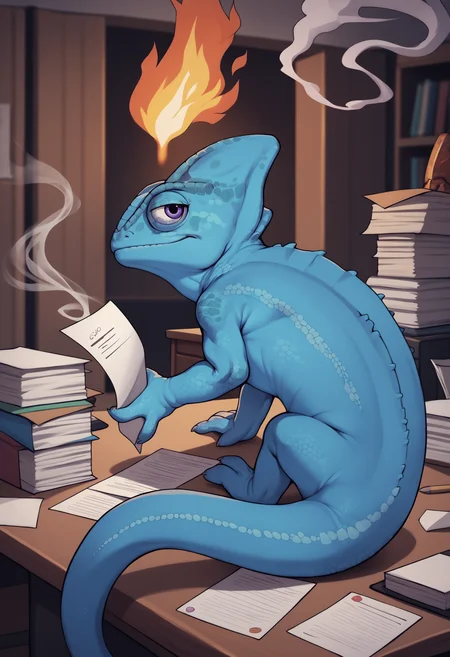 score_9,score_7_up, <lora:ChamChameleonPonyXL:1>, Chameleon, lizard, feral, back spikes, indoors, office, blue scales, on desk, paper stack, ((fire, smoke)),from side, light smile,