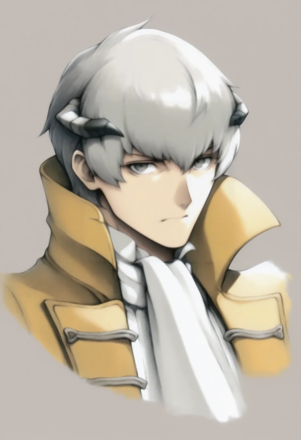 masterpiece, best quality, solo, 1boy, looking at viewer, <lora:Strohl-illus_Fp:1>, Strohl, short hair, grey hair, grey eyes, horns, white shirt, dress shirt, white ascot, frilled sleeves, yellow coat, open coat, <lora:FF7-Portraits-illus_Fp:1>, simple background, portrait,