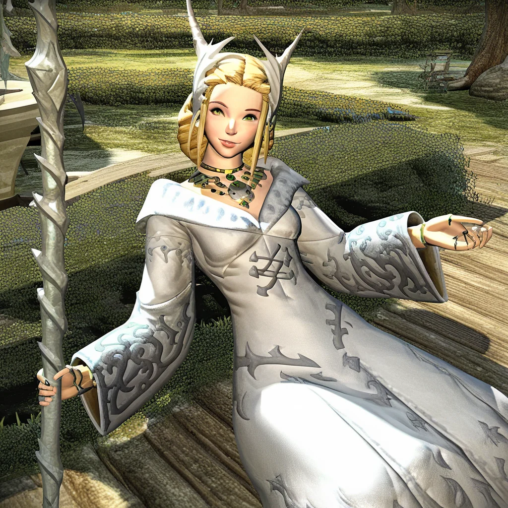 1girl, solo, blonde hair, green eyes, jewelry, necklace, long hair, dress, weapon. white dress, fantasy, staff, wide sleeves, long sleeves, ring, on back, choker, breasts, full body, tree, smile, lips, slim body, cute female, majesty female, bracelet, outdoors, beatiful face, looking at viewer