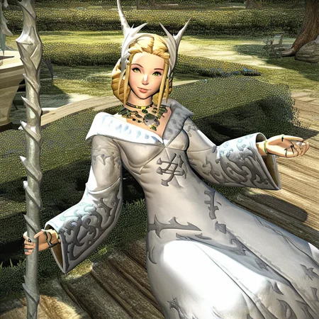 1girl, solo, blonde hair, green eyes, jewelry, necklace, long hair, dress, weapon. white dress, fantasy, staff, wide sleeves, long sleeves, ring, on back, choker, breasts, full body, tree, smile, lips, slim body, cute female, majesty female, bracelet, outdoors, beatiful face, looking at viewer