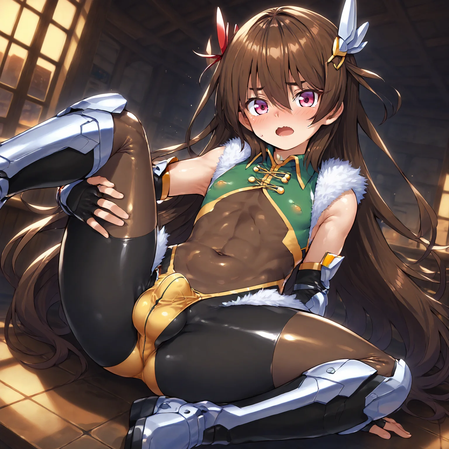 realism,score_9,score_8_up,score_7_up,score_anime BREAK
1boy,solo,otoko no ko,Uehara Shikanosuke,taimanin suit,bangs,bare shoulders,black gloves,covered navel,fingerless elbow gloves,(hair ornament:1.3),fur trim,pantyhose,pink eyes,flat chest,brown hair,moist long hair,yellow thong underwear,silver boots,<lora:UeharaShikanosuke_ponyDV6_NR64:0.8> BREAK
sitting,folded,hands on thigh,spread legs,open mouth,blush,erection under clothes,bulge,large testicles,covered erectile nipples,hotel room,