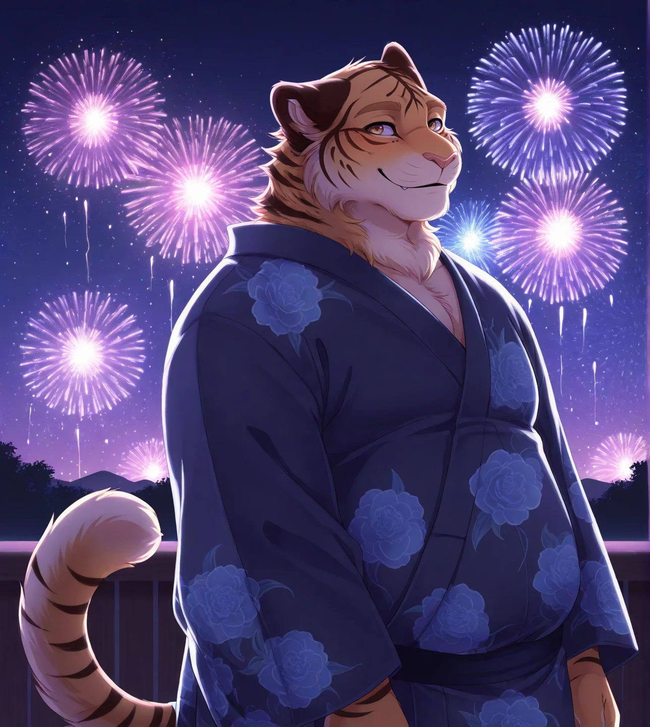(solo), anthro, furry, male, male focus, solo, junTA, chubby, looking at viewer, smile, night, fireworks, yukata, colorful, 
BREAK masterpiece, best quality, amazing quality, very aesthetic, high resolution, ultra-detailed, absurd res, newest, scenery, <lora:JunTA:0.8>