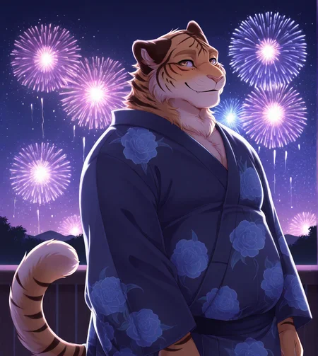 (solo), anthro, furry, male, male focus, solo, junTA, chubby, looking at viewer, smile, night, fireworks, yukata, colorful, 
BREAK masterpiece, best quality, amazing quality, very aesthetic, high resolution, ultra-detailed, absurd res, newest, scenery, <lora:JunTA:0.8>