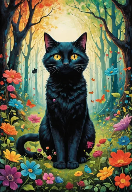 cr33pp41nt, Create a captivating and surreal painting inspired by the whimsical style of Alexander Jansson, showcasing two sleek black cats frolicking in a lush, enchanting forest adorned with vibrant flowers. The scene exudes a sense of mystery and whimsy, reminiscent of the pop surrealism genre. The intricate details of the cats' glossy fur and piercing eyes are meticulously rendered, capturing their graceful movements and playful demeanor. The forest teems with a riot of colorful blooms, each petal and leaf meticulously depicted in a style that echoes the works of Anato Finnstark. The cats' faces are flawless, almost ethereal, akin to the perfection seen in artworks by Beeple and Jeremiah Ketner, radiating a sense of otherworldly beauty and grace. The interplay of light and shadow creates a mesmerizing depth to the painting, drawing the viewer into a dreamlike realm where reality and fantasy intertwine seamlessly.