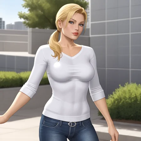<lora:sonyablademkvsdc_pony_v1:.8>  SonyaBladeMKDC, 1girl, blonde hair, medium breasts, lips, ponytail, cowboy shot, sweater, jeans