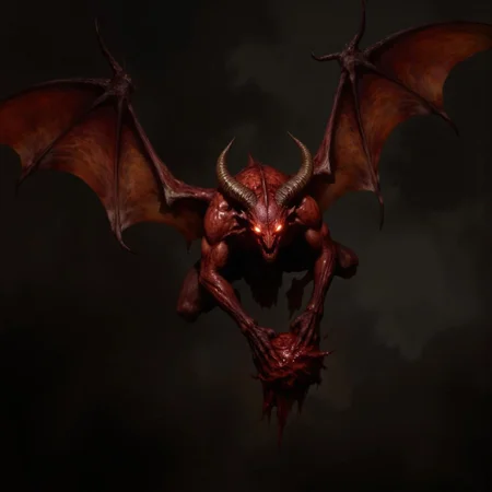 first person pov, 3D01S, simple background atmospheric and powerful dark fantasy, natural organic and first person pov of a
A small menacing imp looking red-skinned fire gargoyle, blending the features of a bat and a demon. Its short body is covered in rough, crimson hide, with massive leathery wings stretching from its back, ready to launch into the air. Its glowing, fiery eyes pierce the darkness, while sharp horns protrude from its head. The creature's hands, tipped with razor-like claws, clutch a ball of bloody meat, ready to hurl at its prey. Its stance is hunched, exuding an aura of fear. Its long, sharp fangs glisten. It hovers just above the ground, prepared to unleash fiery devastation from the skies. The creature embodies the brutal, animalistic enforcer of the infernal realm.
UHD letterboxed game trailer frame chromatic aberration dark atmosphere sharp masterpiece with a focus on the character, elden ring style, dark atmosphere, chromatic aberration