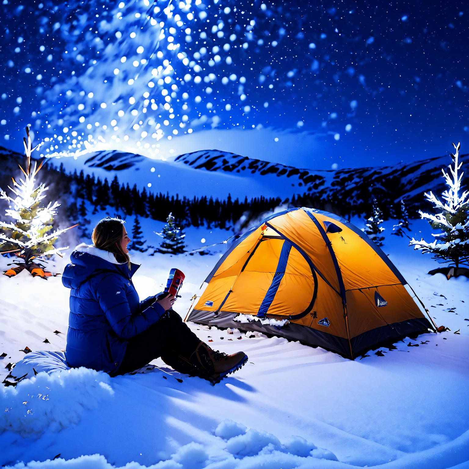 2girls, snow, snowing, night, campfire, tent, camping, sitting, camp chair, <lora:Snowbound-SDXL:1>, snowbound, BREAK score_9, score_8_up, score_7_up, best quality, masterpiece, 4k, prefect lighting, very aesthetic, zPDXL2
