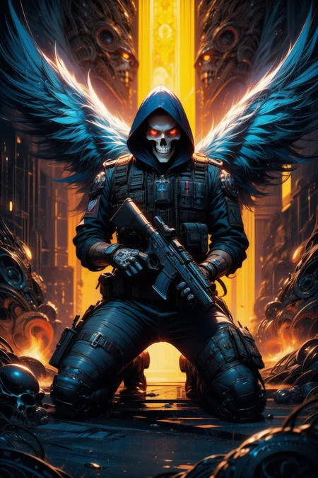 (masterpiece:1.1), (best quality:1.1), (vibrant colors:1.2), BREAK,
(fantasy:1.0), (cyberpunk:1.0), (horror:1.0), (gloomy:1.0), (eerie:1.0), (glowing:1.0), (neon:1.0), BREAK,
(solo:1.4), (rugged man:1.1), (male:1.1), (skull face:1.0), (red eyes:1.0), (tactical vest:1.1), (tactical uniform:1.0), (military gear:1.0), (hood:1.0), (holding a gun:1.2), (kneeling:1.0), (wings:1.0), <lora:dark_style:1.0> , BREAK,
(night:1.2), (futuristic city:1.2), (citiscape:1.1), (chaos:1.0), (explosions:1.0), (sparks:1.0), (turf war:1.0)