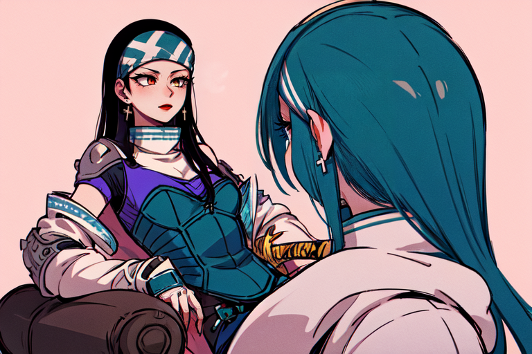 highly insanely detailed, masterpiece, top quality, best quality, highres, 4k, 8k, RAW photo, (very aesthetic, beautiful and aesthetic),  
beth_\(megami_tensei\),bethsmtii,shin megami tensei ii,long hair,black hair,straight hair,sleek black,jewelry,cross,headband,red_lipstick,katana,sword,Tokyo_Millennium,post-apocalyptic_city,dystopian_world,Great_Cataclysm,World_ending_event,apocalyptic_disaster,city_rebirt, 
<lora:zs_Beth:1>, 
(1girl:1.3), 1other, 
Loveseat made of bamboo material, orange color, mid-century style, multi-functional, swivel base, patina, mother-of-pearl inlays,tufted upholstery,bright pink background,âââ
