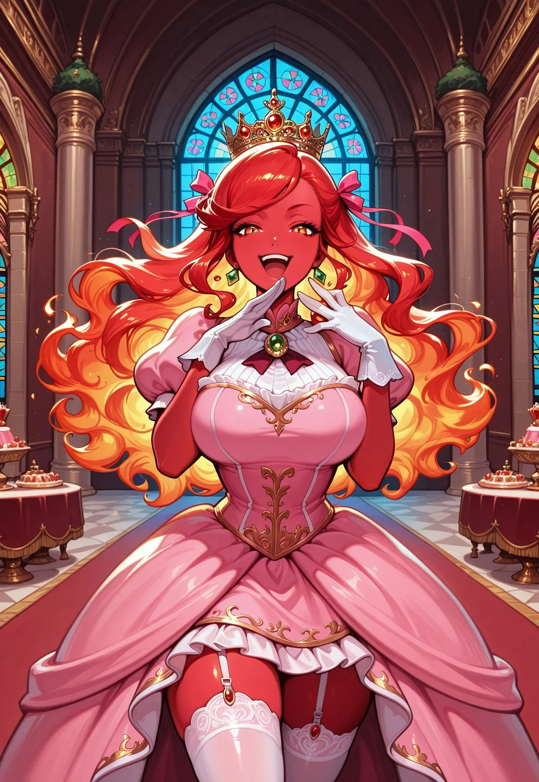 1girl, monster girl, fiery hair, red hair, long hair, colored skin, red skin, glow, noblewoman, wavy hair, swept bangs, hair ribbon, masterpiece, best quality, absurdres,
pink princess, dress, pink dress, puffy short sleeves, puffy sleeves, short sleeves, gloves, white gloves, white thighhighs, garter straps, crown, gem, brooch, earrings, jewelry, eyelashes,
indoors, ballroom, buffet, stained glass window,
solo, cowboy shot, straight-on, standing, ojou-sama pose, laughing, smug, hand to own mouth, open mouth,
intricate, highly detailed, majestic
