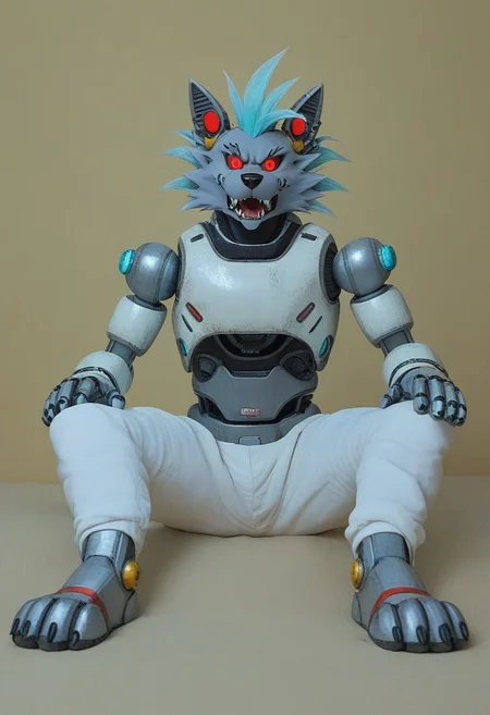 (((Barefoot furry character, full body, cinematic setting, furry male, plantigrade))), (((computer screens with green code, monitors with matrix code, displays with matrix design))), matrix.
(((Gilliam))), wolf boy, (((white pajama))), ((wired on his head, being hacked, being corrupted, being reprogrammed, brainwashed, hypnotised)), sitting, spread legs, m pose, footpose, nice metalic feet paws, ((nice robotic feet paws)), three toes, claws, pawpad, (((restrained))), (((head tilted to the side, open mouth, dumb face, drooling)))
BREAK
(((gilliam wolf, evil eye, sharp, red fluff tail, cyan hair, robot, cybernetic wolf, metallic))),
BREAK, intricate details, highly detailed, extreme detail, octane render, fine art, best quality, highres, (detailed face:1.5), ((full_body)), UHD, (((perfect hands))), low light