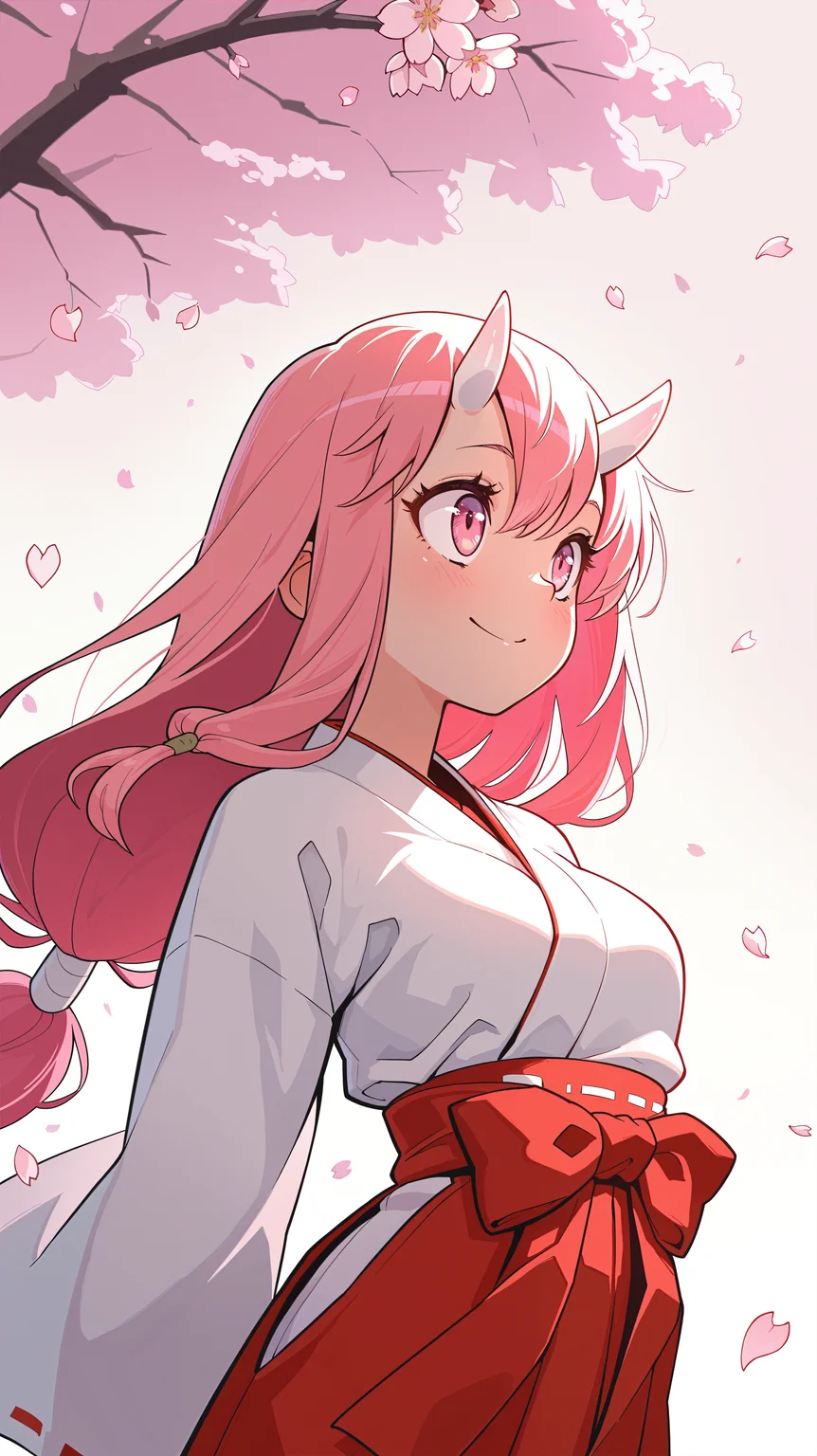 masterpiece, best quality, amazing quality, girl, <lora:Crestyle_Illu_epoch_15:0.8>, Crestyle, dynamic pose, arms at her side, low-tied long hair, pink hair, white oni horns, pink eyes, miko, red hakama, sakura, cherry blossoms, falling petals, upper body, happy, cute, solo,