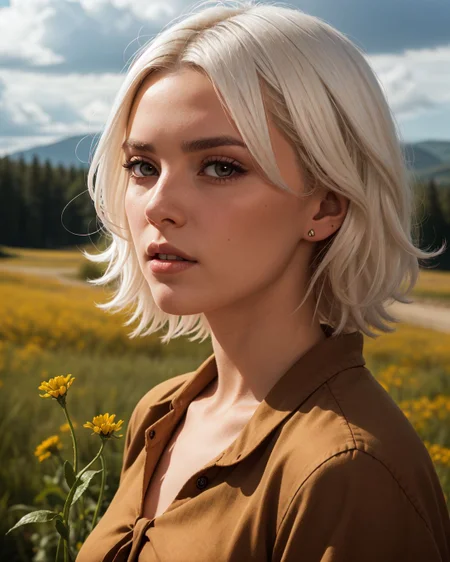 (Extreme close-up:1.4), (Sn0frid_v1, white hair:1.3), medium bosom, (style of Dorothea Lange) rugged frontier homestead woman, 1800s Montana, linen blouse, long skirt, apron, practical sturdy boots, earthy tones, natural fibers, rustic charm, sepia-toned aesthetic, arid golden prairie, wooden cabin, wildflowers, cracked soil, farm tools, weathered textures, sun-dappled lighting, determined expression, confident pose, wind-tousled hair, (dramatic clouds:1.2), vast open landscape, vintage authenticity, pioneering spirit ,