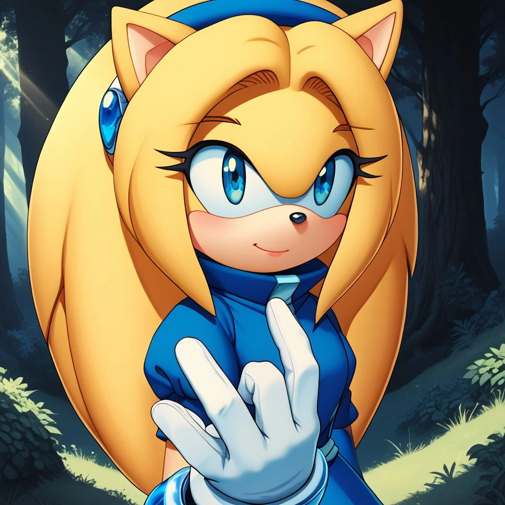 score_9, score_8, BREAK, maria_robotnik, sonic_(series), hedgehog_girl, blonde_hair, blue_hairband, blue_eyes, blue_dress, white_gloves, blue_footwear, sexy pose, self portrait, smile, outdoors, sunlight, shadows, evening lighting, natural lighting, forest, trees, grass, orange sky, sunset
