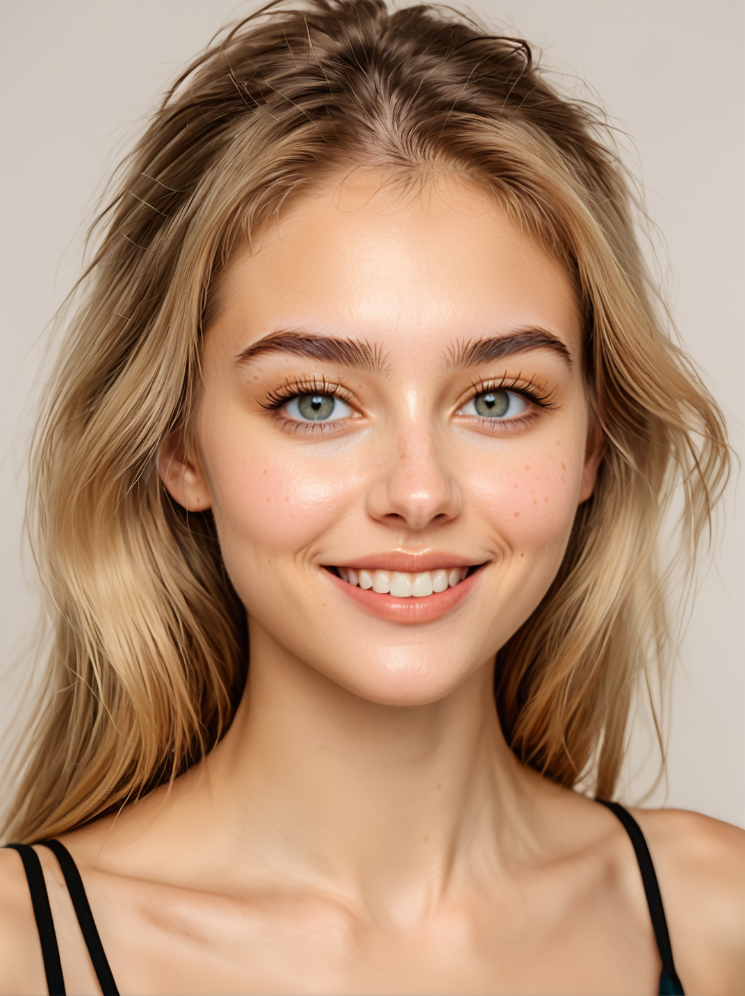 30yo neysasynth, full body, standing, neutral background, smile,