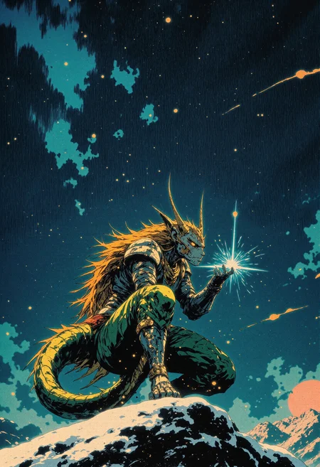 The image is a digital illustration in a detailed, semi-realistic 90s retro anime style. The subject is Dragon Shiryu, crouching low with his hands glowing with cosmic energy. His emerald dragon armor sparkles under the starlight. The environment is a snowy mountain peak, with the Milky Way visible above, creating a cosmic and vast atmosphere. The colors are cool blues, greens, and silver, capturing the power of nature and the cosmos.  detailmaximizer, mythp0rt, ne0nfant4sy,