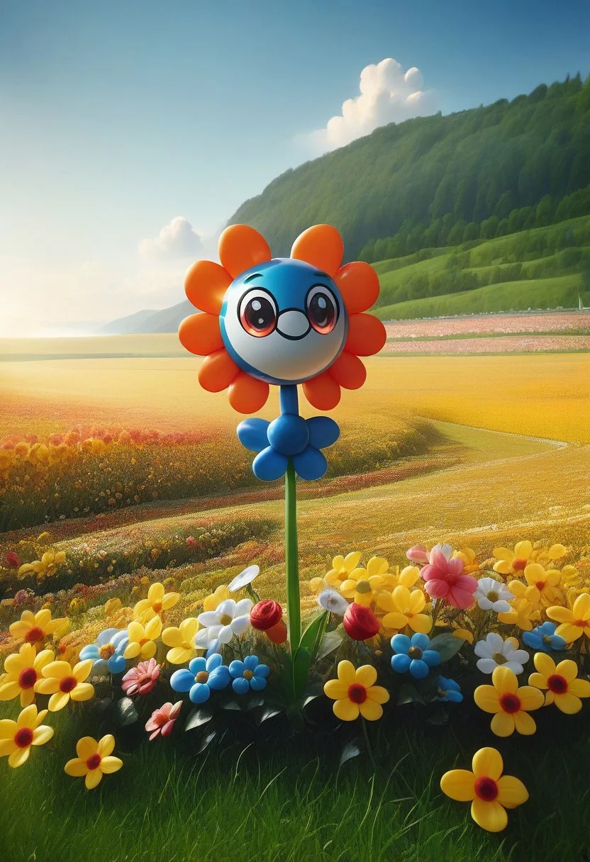 score_9, score_8_up, masterpiece, extremely detailed, best quality, highres, Latex, googly eyes, humming bird, flower field, scenery