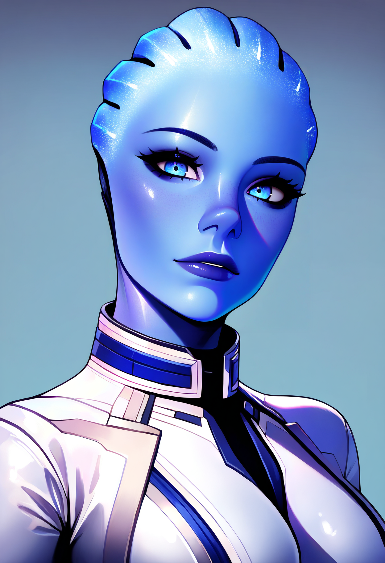 masterpiece, best quality, very aesthetic, absurdres,
1girl, liara, blue eyes, blue skin, 
bodysuit, armor, 
upper body, looking at viewer, solo, simple background, white background,    <lora:LiaraNoobXL_byKonan:1>