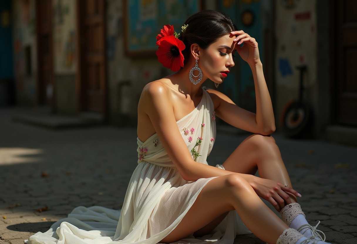Cinematic style, seductive chiaroscuro, ethereal beauty, high resolution, modern Turkish female model in her early 30s with an elegant, confident demeanor. Her hair is swept to one side or styled in a sleek bun, emphasizing her graceful neck. She exudes fearlessness and self-awareness of her sensuality, presenting femininity as an art form. Dressed in a semi-transparent, one-shoulder white dress with delicate floral patterns, the fabric drapes softly down to her knees, revealing hints of her silhouette. A vibrant red poppy flower adorns one ear, complemented by multiple delicate silver hoop earrings. Her footwear is a pair of casual, lace-adorned white socks paired with matching everyday shoes that harmonize with her dress.
The composition emphasizes her allure, passion, and feminine magnetism, pushing the boundaries of artistic erotica. The pose is bold yet tasteful, embodying eroticism as a form of fine art. The setting features a magical, eclectic exterior bathed in dramatic light and shadow. Each detail is meticulously crafted, from the model's figure to the textures of the fabric, offering an exquisite blend of glamour, grace, and fantasy. The image captures sharp focus and intricate detail, trending on ArtStation, rendered in 8k with exceptional finesse and beauty never seen before, evoking a remarkable sense of both realism and artistic erotica.