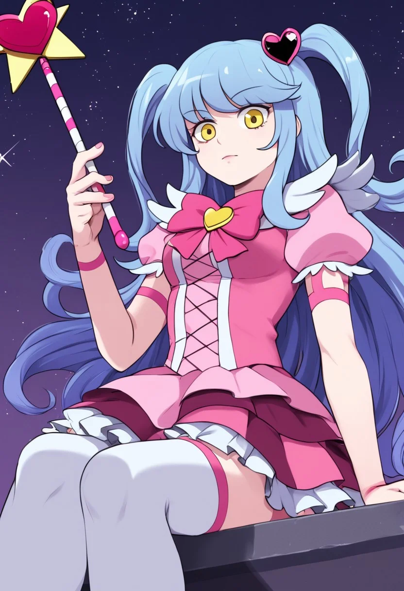 1girl, solo, QueenOfHatred, yellow eyes, long hair, blue hair, heart hair ornament, magical girl, pink dress, white thighhighs, holding wand, 
sitting, from below,
