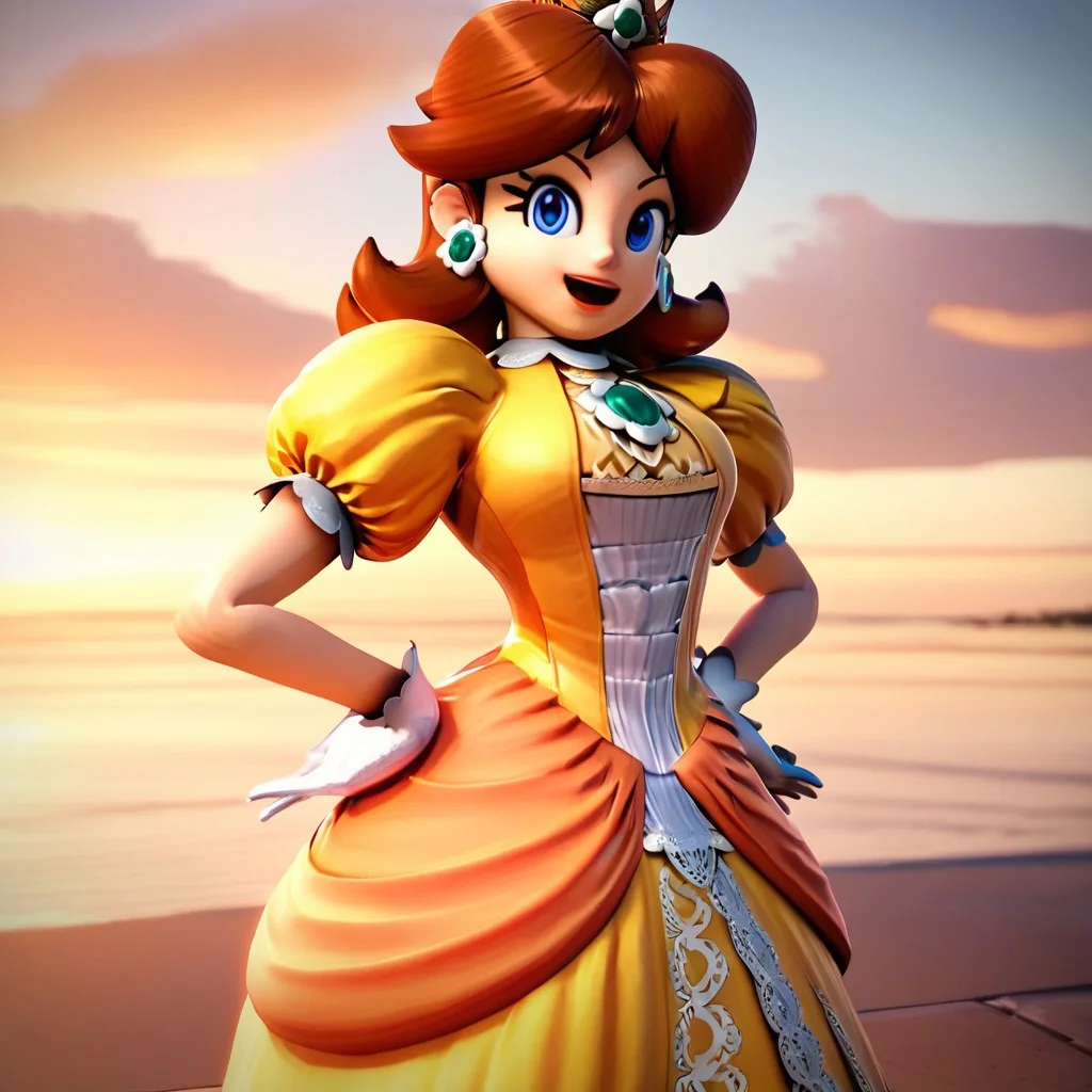 score_9, score_8_up, score_7_up, 3d, highres, best quality, high quality, 1girl, solo, gloves, princess daisy, brown hair, short hair, blue eyes, crown, jewelry, earrings, yellow dress, puffy sleeves, smile, open mouth, hands on hips, cowboy shot, outdoors, sunset