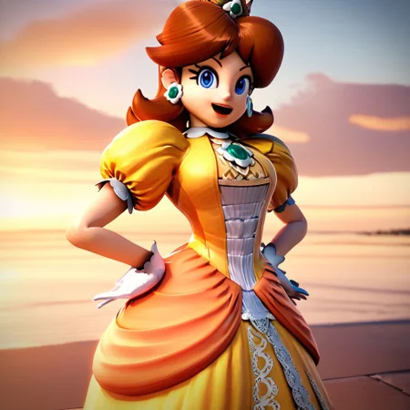 score_9, score_8_up, score_7_up, 3d, highres, best quality, high quality, 1girl, solo, gloves, princess daisy, brown hair, short hair, blue eyes, crown, jewelry, earrings, yellow dress, puffy sleeves, smile, open mouth, hands on hips, cowboy shot, outdoors, sunset