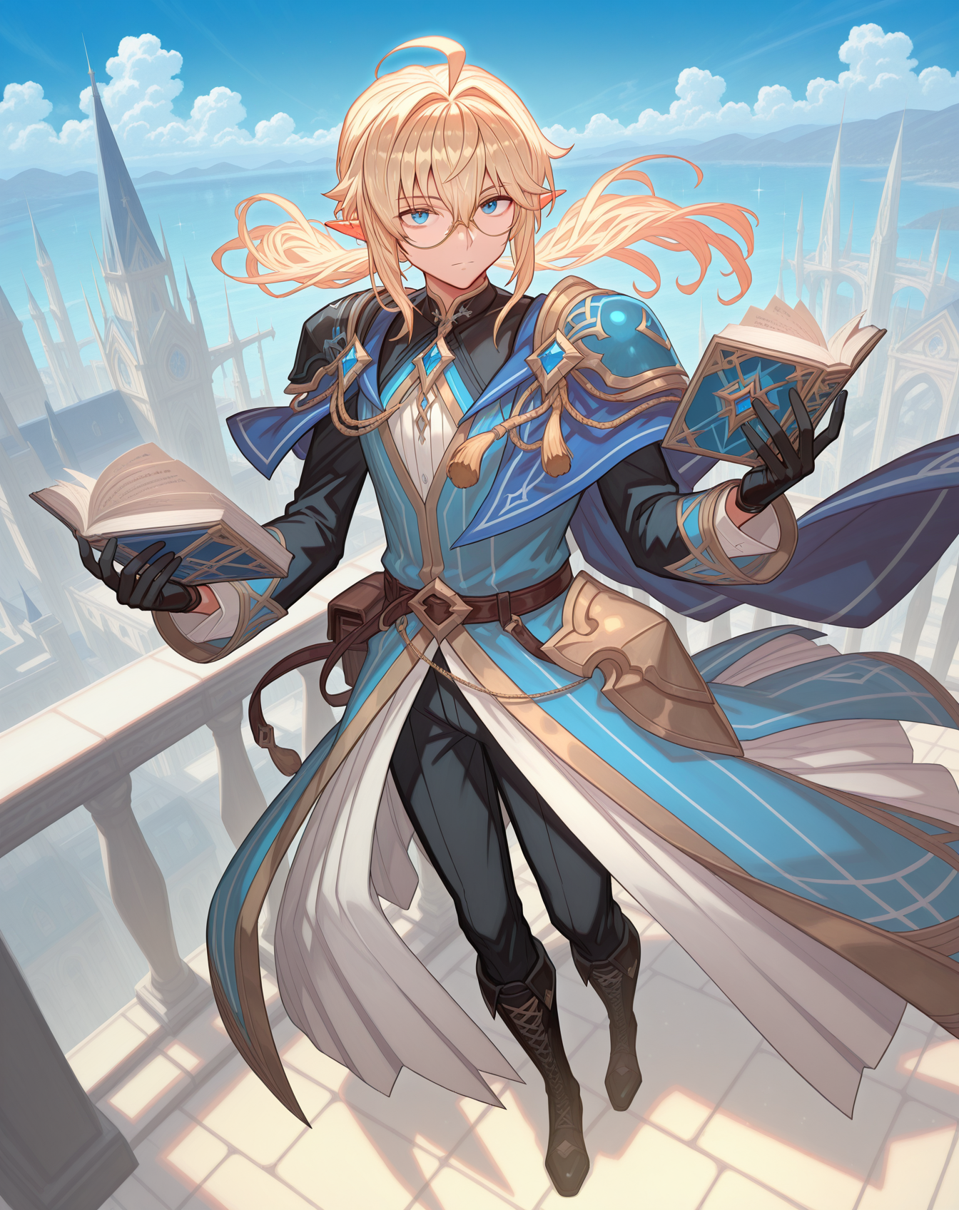 masterpiece, amazing quality, best quality, absurdres, very aesthetic,
1boy, solo, yaoi, male focus, full body, from above, standing, looking at viewer, face focus,
<lora:Grandiel_Likability_ilxl:1> likabilitygrandiel, pointy ears, blonde hair, blue eyes, long hair, glasses, hair between eyes, ahoge, low ponytail, floating hair, elf, sidelocks,
black gloves, blue coat,long sleeves, pauldrons, waist cape, shoulder armor, black shirt, blue cape, layered clothes, aiguillette, open coat, faulds, lace-up boots, lack pants, brown belt, black footwear, cross-laced footwear, knee boots,black belt, belt buckle, fold-over boots, collared coat, white coat, coattails, tachi-e, black coat, single pauldron, lapels,
jewelry, brooch,monocle, eyewear strap, gold trim, tassel, sleeve cuffs, chain, blue robe, gem,
holding book, open book, 
outdoors, day, blue sky,