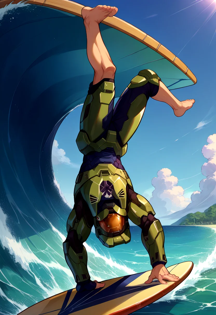 score_9, score_8_up, source_anime, 1boy, incrssurfing, surfing, barefoot, surfboard, <lora:Surfing_XLPD:1>, <lora:masterchief-halo-richy-v1_pdxl:1> masterchief, helmet, visor, power armor, upside-down, handstand,