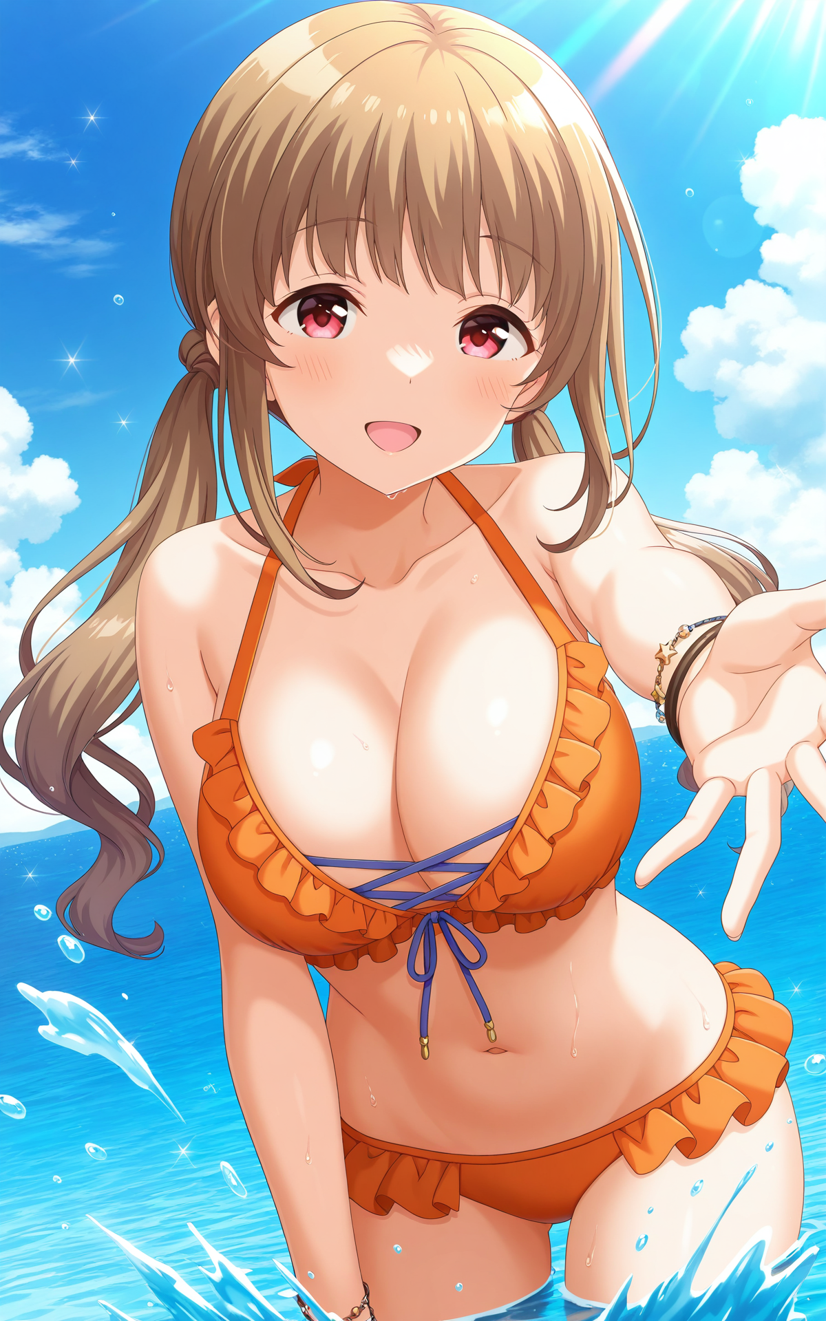 masterpiece, best quality, good quality, newest,4k, perfect lighting, cinematic, very aesthetic, official art, anime screencap, anime coloring,
1girl,solo,natsumi,brown hair,long hair,low twintails,red eyes,large breasts,orange bikini,frilled bikini,blue cross-laced clothes, bracelet,jewelry,collarbone,midriff,thighs,
seductive smile,open mouth,splashing,wading,reaching towards viewer,ocean,day,sunlight,blue sky,BREAK
<lora:ILnatsumi:0.9>