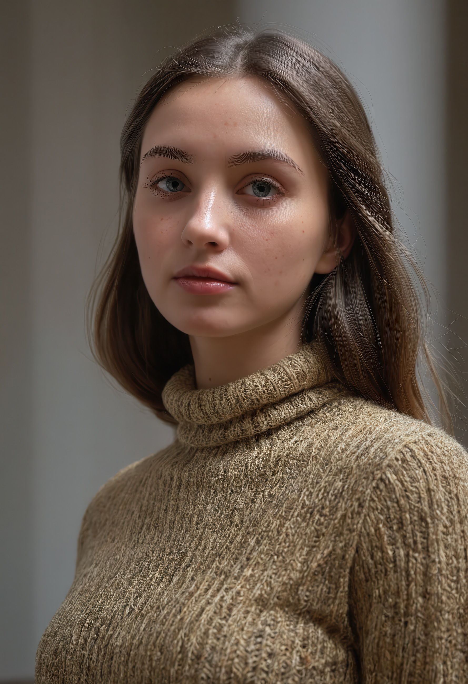 conservative woman, sanctuary with vaulted ceiling, wearing high-neck knit top tucked into a long A-line skirt, modest face expression, upper body, sdxl_cyberpositive_photo