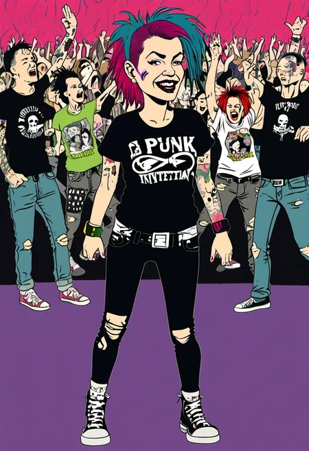 <lora:InfiniteTina:.5>A 40-year-old InfiniteTina at her first punk rock concert wearing ripped fishnets and a band tee.
