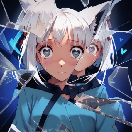 score_9,score_8_up,score_7_up,high quality,highres,masterpiece,colorful,abstract background,abstract,((hearts)),((hearts)),tears,IncrsXLBrknGls,broken glass,reflection,upper body,about to go insane,looking at viewer,wide-eyed,eye focus,from above,heart-shaped pupils, Shirakami Fubuki, White hair, Blue eyes, Fox ears, Short bangs, Long side hair, White and blue outfit, Black thigh-high socks, Hair ornament, Pale skin, Cute appearance, SHIRAKAMI_FUBUKI