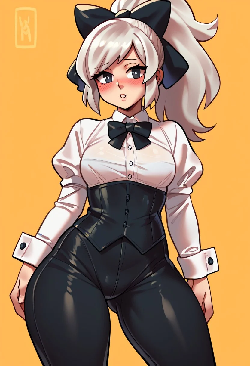 score_9, score_8_up, score_7_up, score_6_up, score_5_up, score_4_up, source_cartoon, <lora:confetti-extract- ponyxl:0.85>, detailed eyes, easynegative, rating_explicit, Expressiveh, 1girl, solo,
Geraldine, shirt, long sleeves, white shirt, white hair, ponytail, sidelocks, thighs, hair bow, collared shirt, pants, puffy sleeves, bowtie, black eyes,  wrist cuffs, black bow, dress shirt, swept bangs, black pants,  high ponytail, juliet sleeves, sleeve cuffs, traditional, thick thighs, big ass, wide hips, looking at viewer, blush, shy, 
wildmage