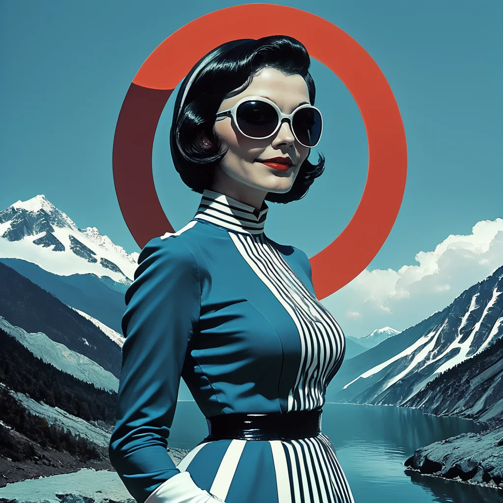 Score_9, score_8_up, score_7_up, score_6_up, BREAK  <lora:Abstract_Retro_Future_MoviePony:1> ArsMovieStill, Movie still from an abstract retro future movie, The image is a digital illustration of a man and a woman standing in front of a beautiful landscape with mountains in the background. The woman is on the left side of the image wearing a black and white striped dress and sunglasses. She has her hair styled in a sleek bob and is looking off to the side with a serious expression on her face. The man is standing on the right side also wearing a blue suit and sunglasses with his hands in his pockets. He is looking towards the horizon with a slight smile on his face. The background is a deep blue sky with a large red circle in the center which appears to be a sun or a moon. The mountains are covered in snow and there is a body of water in the foreground. The overall color scheme is predominantly blue and red with some hints of green and yellow. The image has a surreal and dreamlike quality to it., 1girl, 1boy, sunglasses, short hair, black hair, mountain, gloves, parody, breasts, mount fuji