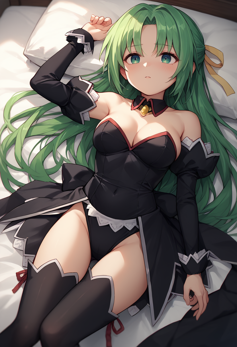 score_9,  score_7_up,  1girl, shi, green hair, long hair, green eyes, hair ribbon,black leotard, detached collar, detached sleeves, black thighhighs, black skirt,  on back,   <lora:Shion Booba-000008:1>