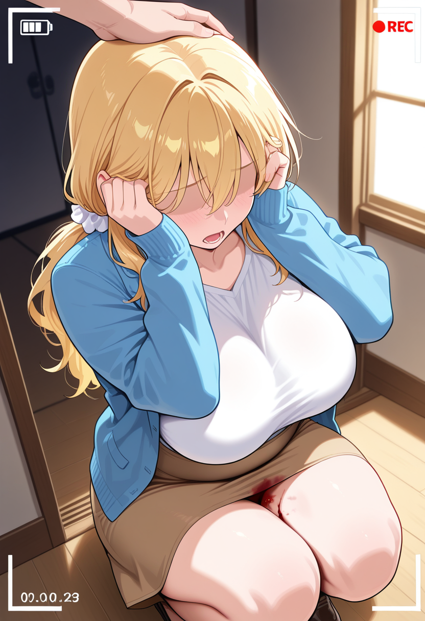 (masterpiece), (best quality), (ultra-detailed), very aesthetic, newest, digital painting, anime style, soft shading, rating: questionable, 
1girl, solo, recording,
muffin top,mature female, 
blonde hair, long hair, hair scrunchie, blue jacket, white shirt, blown skirt, medium skirt, large breasts,
squatting, upper body, from above, covered eyes, hands on own eyes, head down, lower teeth only,
another's headpat,
room,indoors,
 <lora:Unrealistic Defloration V2 illustriousXL LyCORIS reg E13:1> ,defloration,