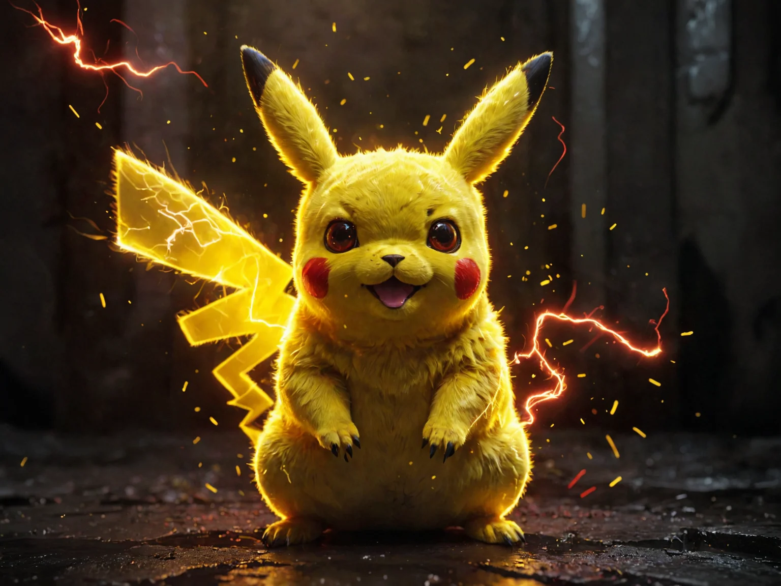 glowneon, a glowing pikachu emanating light, sparks, yellow, white, red, fluffy, hyperealistic, realistic, fur