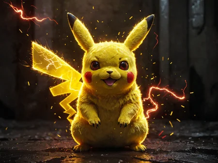 glowneon, a glowing pikachu emanating light, sparks, yellow, white, red, fluffy, hyperealistic, realistic, fur