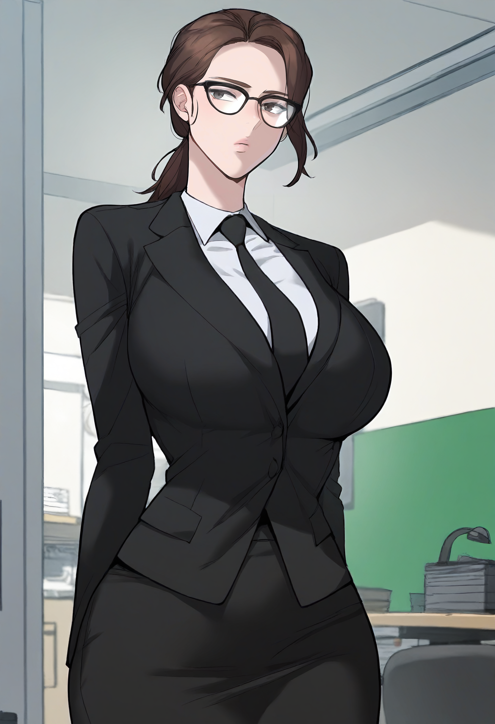 score_9, score_8_up, score_7_up, score_6_up, source_anime, rating_explicit, 1girl, (solo:1.1), huge breasts, <lora:Lee Saim prefectPonyxl:0.9> brown hair, ponytail, glasses, long hair, black-framed eyewear, grey eyes, brown eyes, office lady, black jacket, long sleeves, black necktie, white shirt, collared shirt, black skirt, pencil skirt, expressionless, office room, indoors, looking at viewer, standing