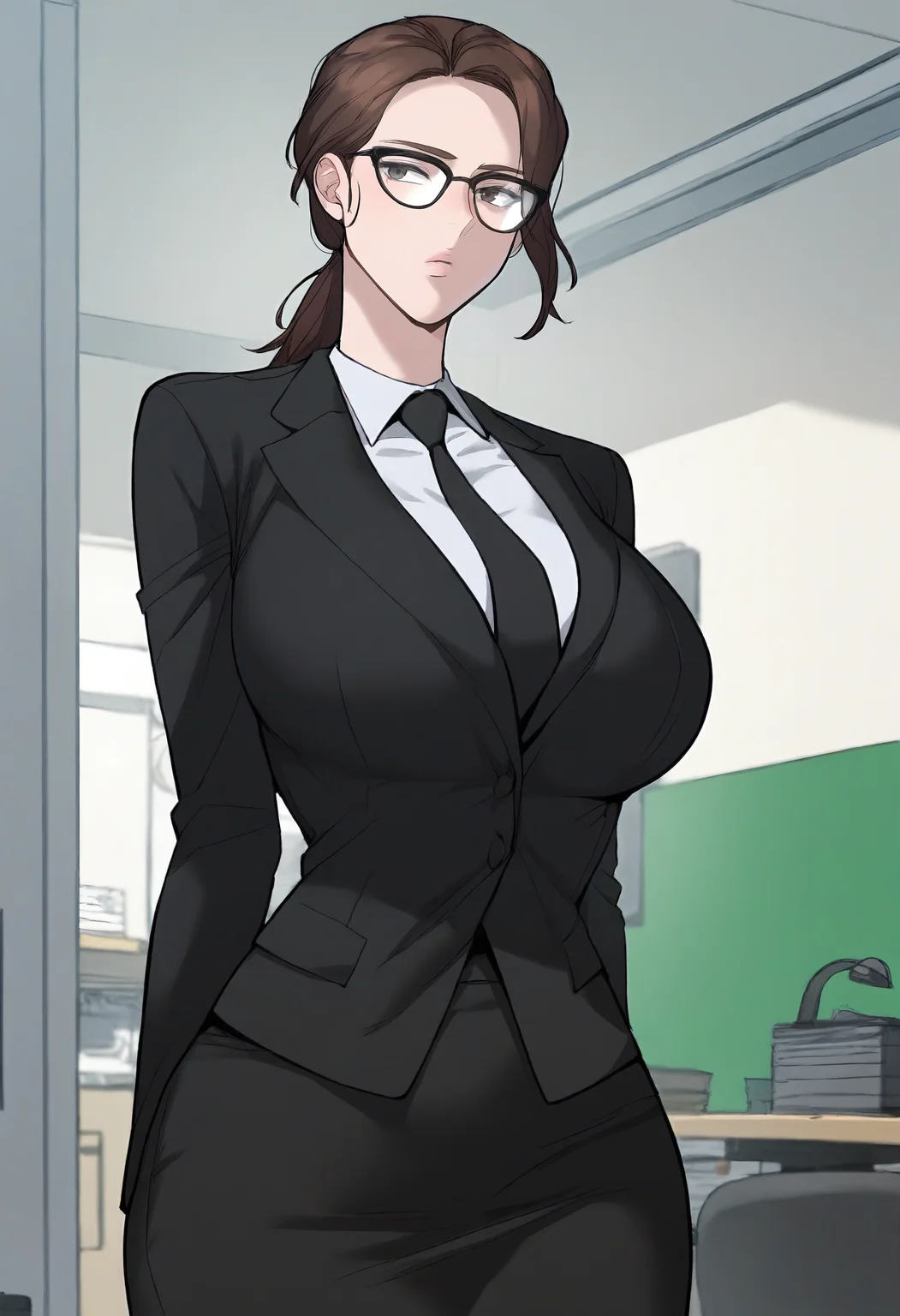 score_9, score_8_up, score_7_up, score_6_up, source_anime, rating_explicit, 1girl, (solo:1.1), huge breasts, <lora:Lee Saim prefectPonyxl:0.9> brown hair, ponytail, glasses, long hair, black-framed eyewear, grey eyes, brown eyes, office lady, black jacket, long sleeves, black necktie, white shirt, collared shirt, black skirt, pencil skirt, expressionless, office room, indoors, looking at viewer, standing