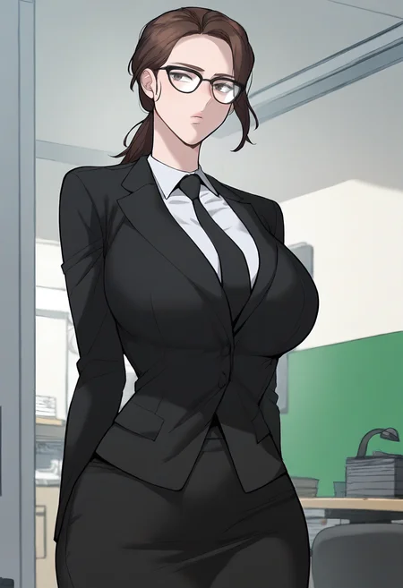 score_9, score_8_up, score_7_up, score_6_up, source_anime, rating_explicit, 1girl, (solo:1.1), huge breasts, <lora:Lee Saim prefectPonyxl:0.9> brown hair, ponytail, glasses, long hair, black-framed eyewear, grey eyes, brown eyes, office lady, black jacket, long sleeves, black necktie, white shirt, collared shirt, black skirt, pencil skirt, expressionless, office room, indoors, looking at viewer, standing