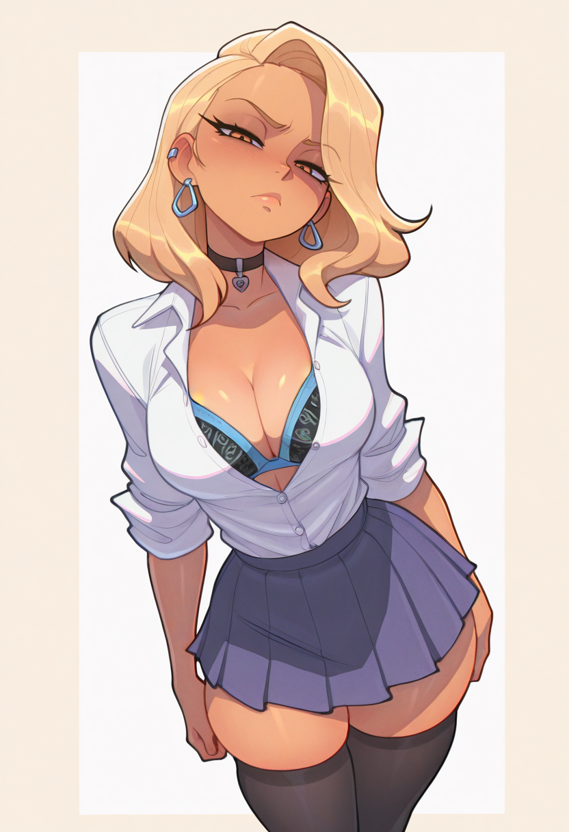 masterpiece, best quality,
 <lora:Bigdad:1> B1gd4d,  1girl, solo,standing, looking at viewer, disdain,blonde hair, medium hair, gyaru, medium breasts,school uniform, skindentation, cleavage, skirt, thighhighs, choker, earrings, sleeves rolled up, underwear, bra,