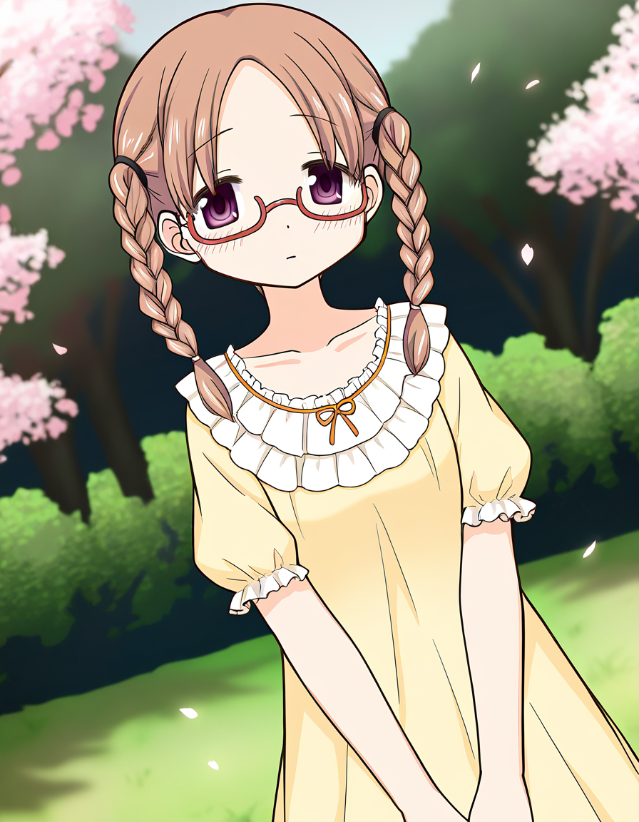 masterpiece, best quality, newest, absurdres, highres, safe, 1girl, hiiragi nemu \(hospital costume\), magia record: mahou shoujo madoka magica gaiden, solo, grass field, cherry tree, dutch angle, <lora:hiiragi_nemu_noobaiXLNAIXL_vPred10Version:0.7>