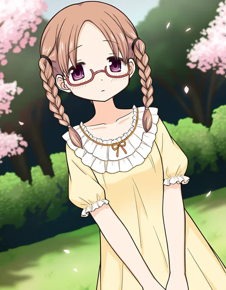 masterpiece, best quality, newest, absurdres, highres, safe, 1girl, hiiragi nemu \(hospital costume\), magia record: mahou shoujo madoka magica gaiden, solo, grass field, cherry tree, dutch angle, <lora:hiiragi_nemu_noobaiXLNAIXL_vPred10Version:0.7>
